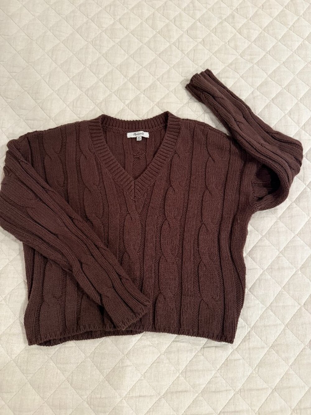 Madewell Cable Knit V-Neck Cropped Sweater Chocolate Brown XS